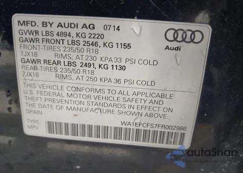 2015 Audi Q3 2.0T Premium Plus from USA, damaged, VIN WA1EFCFS7FR002986